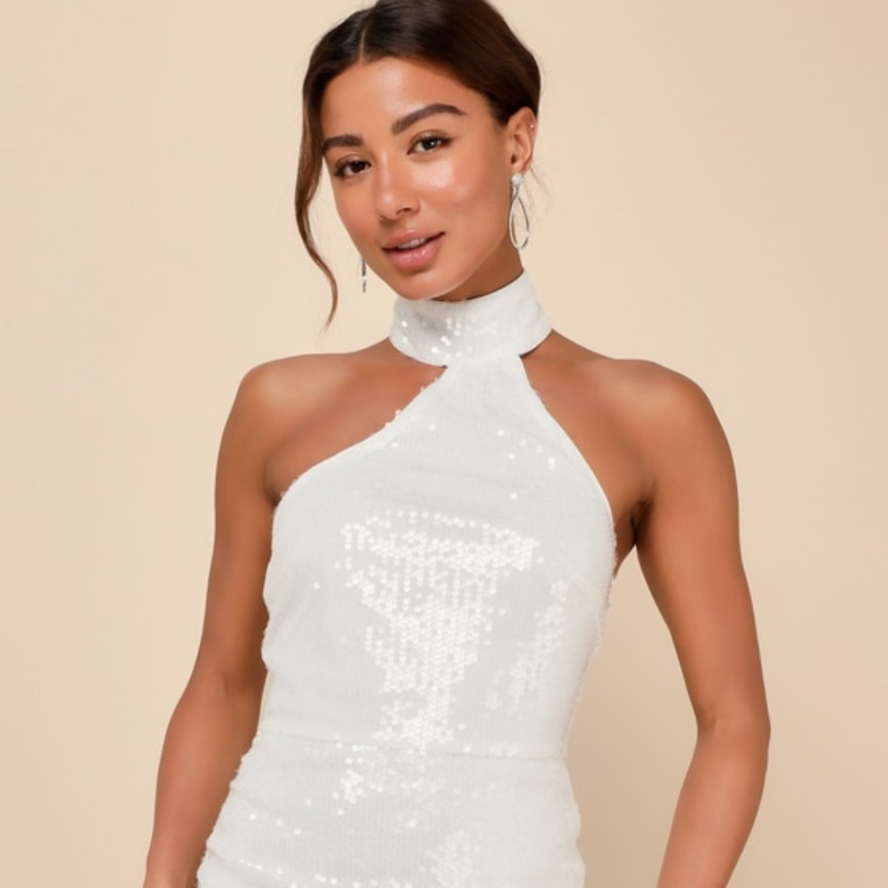 Lulus Sensational Purpose White Sequin Halter Tulip Mini Dress - Size S